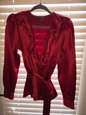East 5th Red Satin Ruffle Wrap Blouse With Cuffed Sleeves